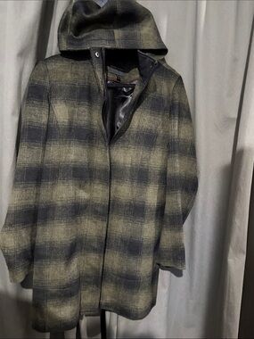 Weatherproof Hooded Plaid Pea Coat in Navy and Olive Green